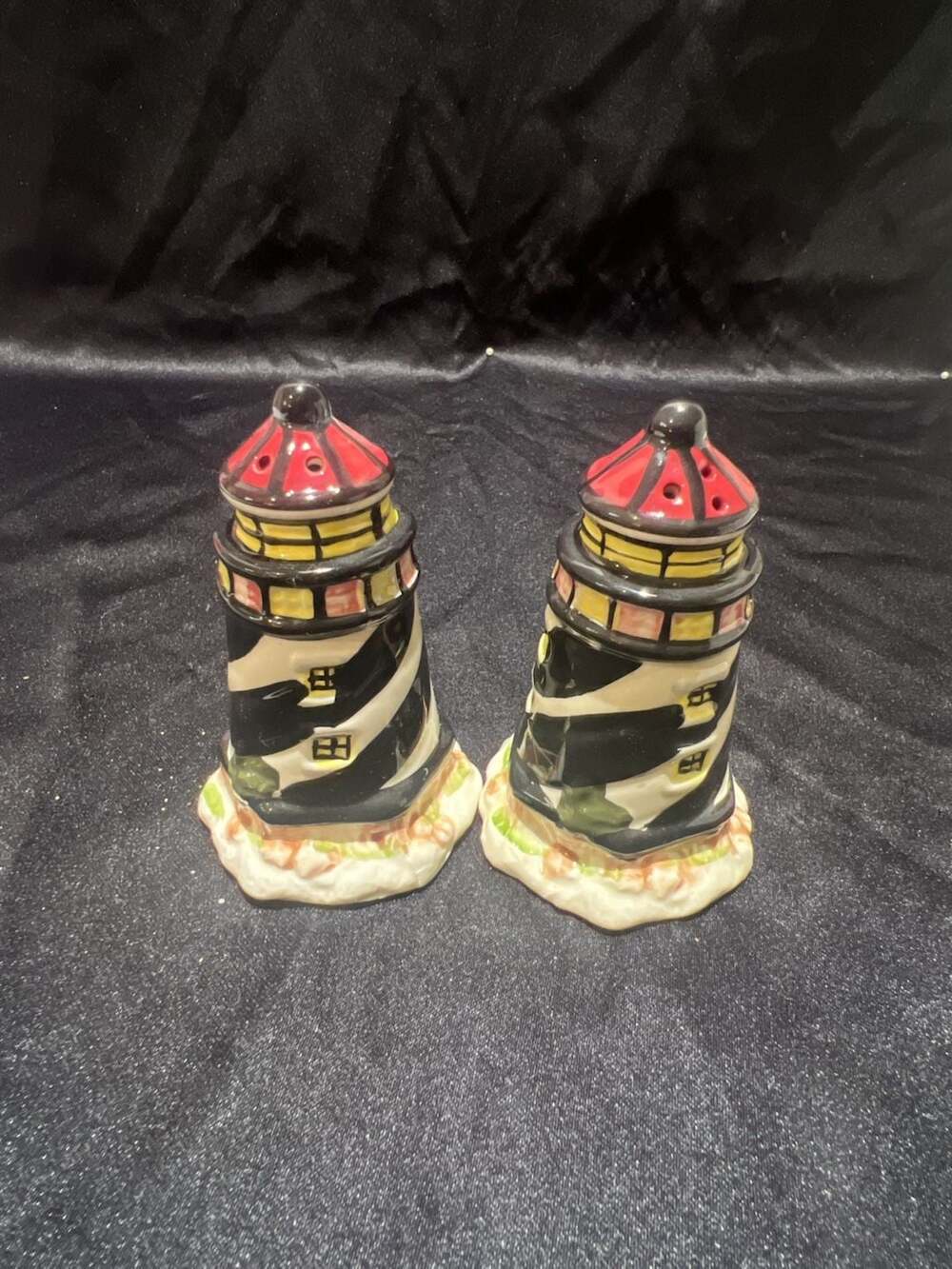 Vintage Ceramic Lighthouse Salt and Pepper Shakers Set Black, White, and Red
